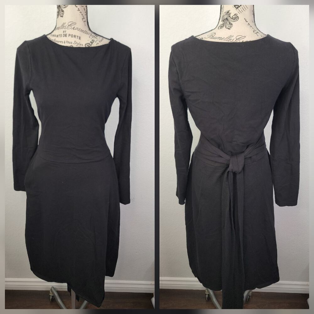 Pact Midi Dress Womens SZ Small Organic Cotton Fit Flare Tie Waist Long Sleeves